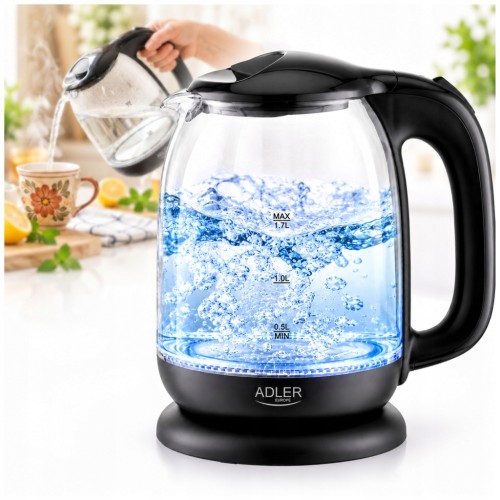 Czajnik elektryczny szklany bezprzewodowy 1,7 l 2200 W, niebieskie podświetlenie LED AD1311B